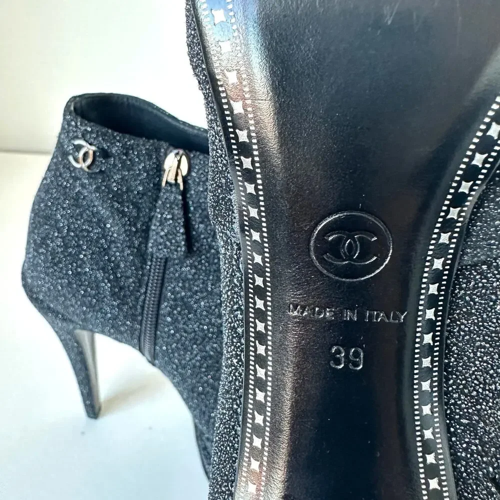 Chanel Black CC Sparkle Glitter Cap Toe Platform Short Boots IT 39